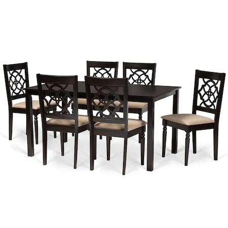Baxton Studio Renaud Modern and Contemporary Sand Fabric and Dark Brown Finished Wood 7-Piece Dining Set 174-10535-10519-Zoro